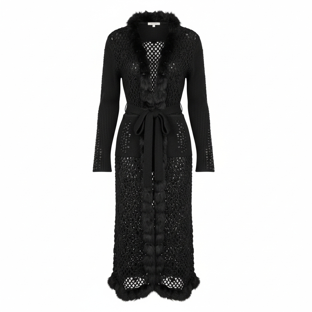 Ruby Cho Black Sequin Crochet Faux Fur Trim Duster Cardigan S - Picture 6 of 14